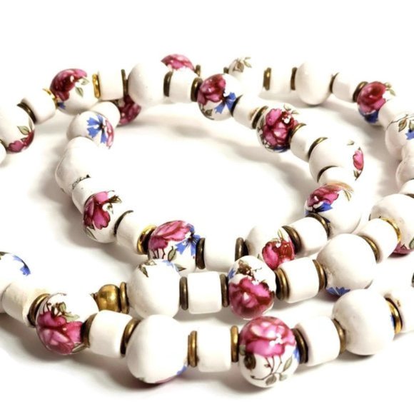 Vintage 60s Rose Flower Ceramic Necklace - Picture 4 of 8